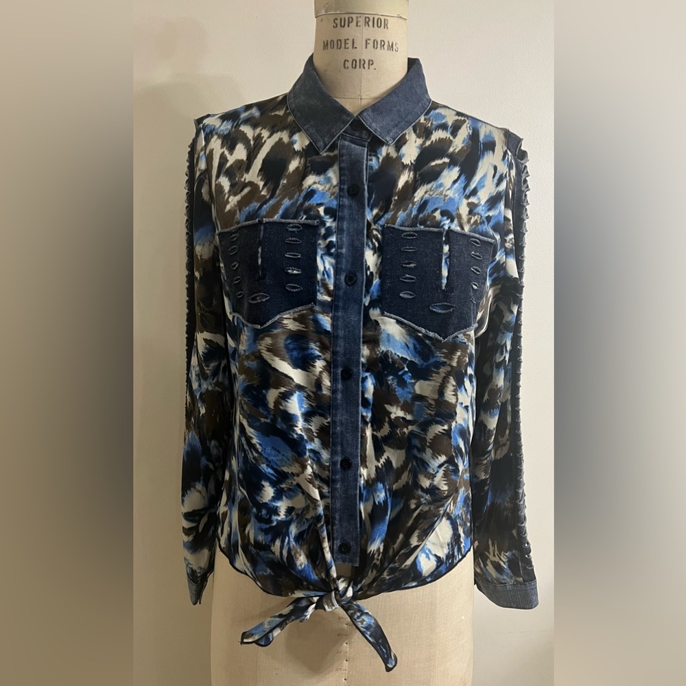 A.Z.I Printed Shredded Sleeves Denim Contrast Detail Tie Front Shirt Size Med